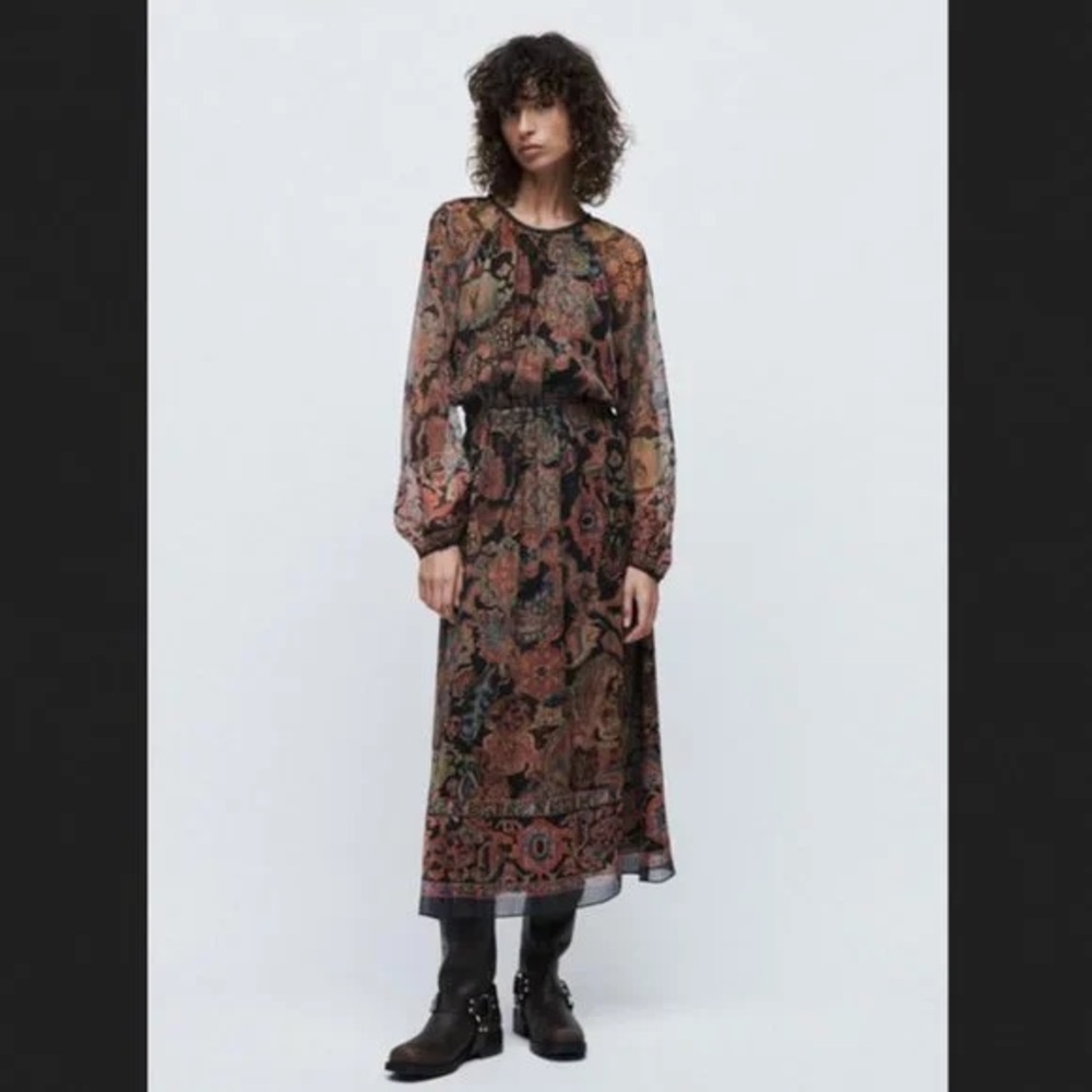 Zara Paisley Midi Dress in Black, Rust, Olive and Gold Tones - Picture 2 of 7